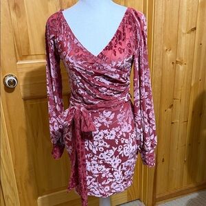 Lucy in the Sky Velvet Burnout Floral Long Sleeve Dress in Peach, Size Large.